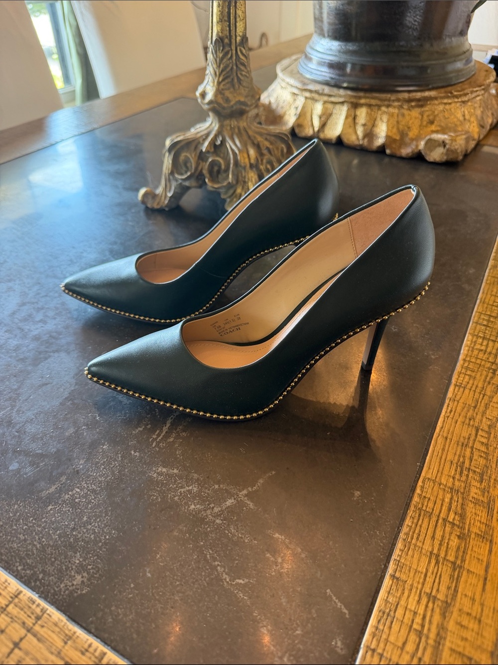 Coach Hunter Green Pointed-Toe Pumps with Gold Stud Trim - Picture 2 of 5